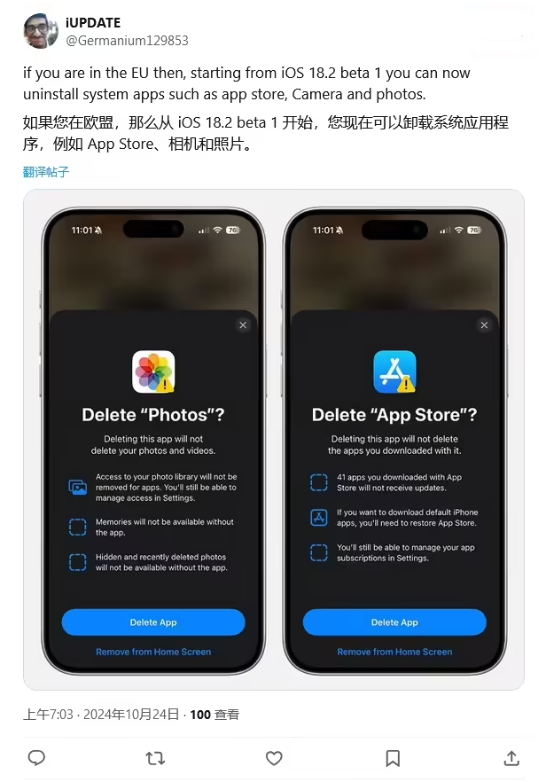 海东苹果手机维修分享iOS 18.2 支持删除 App Store 应用商店 